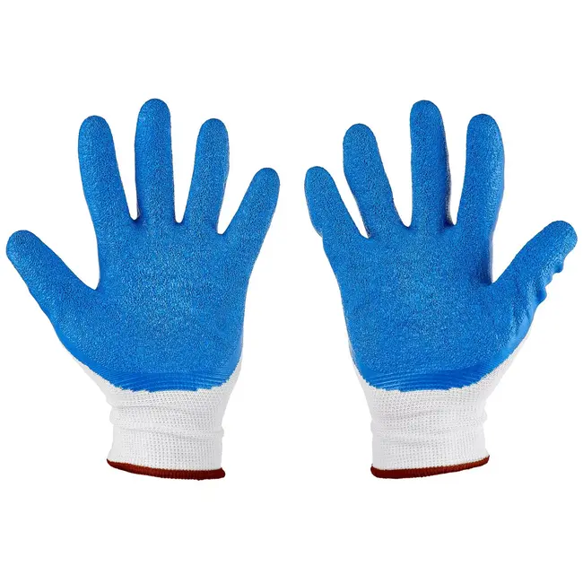 GEKO Werkhandschoenen - polyester met ruwe latexbekleding - bescherming, sterke grip en ventilatie - maat 9 - wit-blauw - 12 stuks - voor magazijn, bouw en tuin