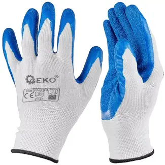 GEKO werkhandschoenen - gebreid polyester met latexcoating - sterke grip en bescherming - maat 10 - wit-blauw - 12 stuks - voor bouw, magazijn, montage en tuin