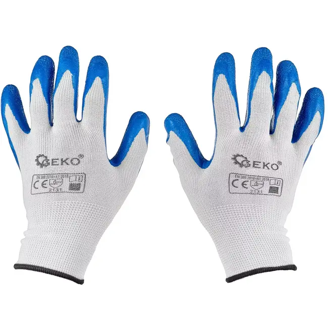 GEKO werkhandschoenen - gebreid polyester met latexcoating - sterke grip en bescherming - maat 10 - wit-blauw - 12 stuks - voor bouw, magazijn, montage en tuin