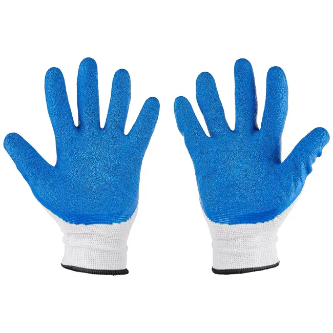 GEKO werkhandschoenen - gebreid polyester met latexcoating - sterke grip en bescherming - maat 10 - wit-blauw - 12 stuks - voor bouw, magazijn, montage en tuin