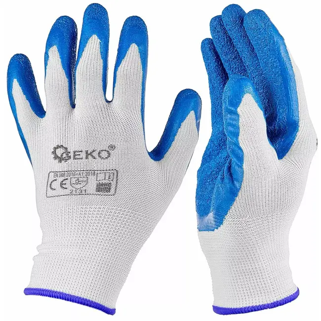 GEKO werkhandschoenen - polyester met latexcoating - extra grip en ventilatie - maat 11 - wit-blauw - 12 stuks - voor bouw, magazijn, montage en tuinwerk