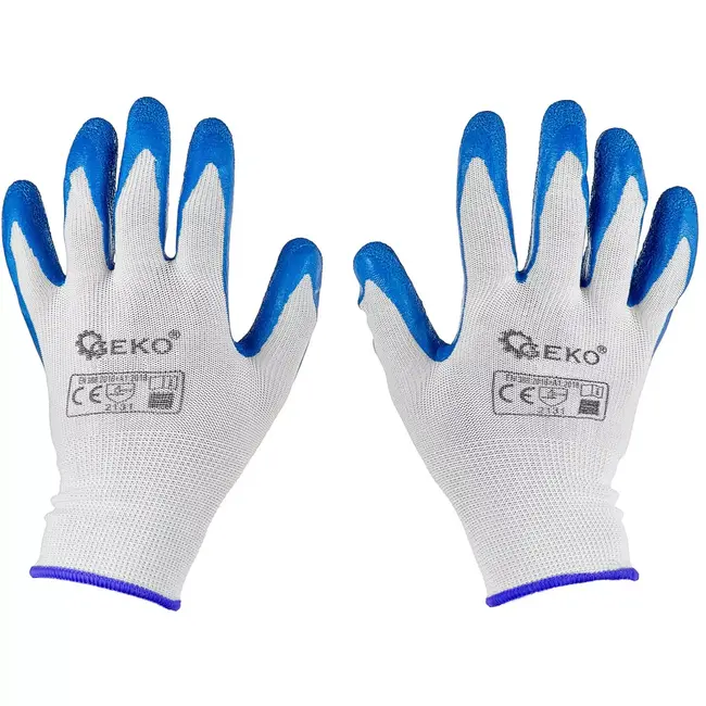GEKO werkhandschoenen - polyester met latexcoating - extra grip en ventilatie - maat 11 - wit-blauw - 12 stuks - voor bouw, magazijn, montage en tuinwerk