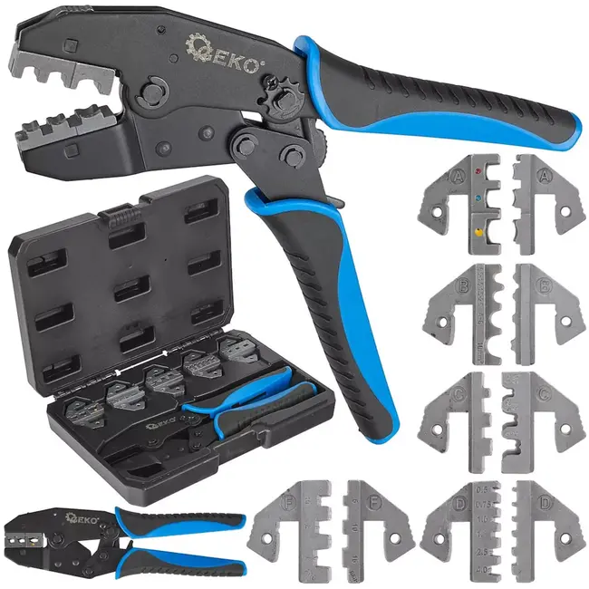GEKO Krimptang set - gehard staal - wisselbekken, instelbare krimpkracht - 22 cm - zwart - 6-delig - voor kabelschoenen en adereindhulzen in voertuigen