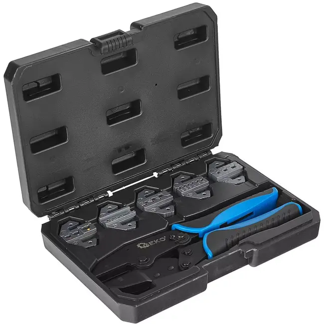 GEKO Krimptang set - gehard staal - wisselbekken, instelbare krimpkracht - 22 cm - zwart - 6-delig - voor kabelschoenen en adereindhulzen in voertuigen