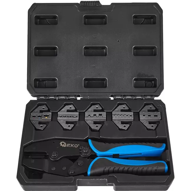 GEKO Krimptang set - gehard staal - wisselbekken, instelbare krimpkracht - 22 cm - zwart - 6-delig - voor kabelschoenen en adereindhulzen in voertuigen