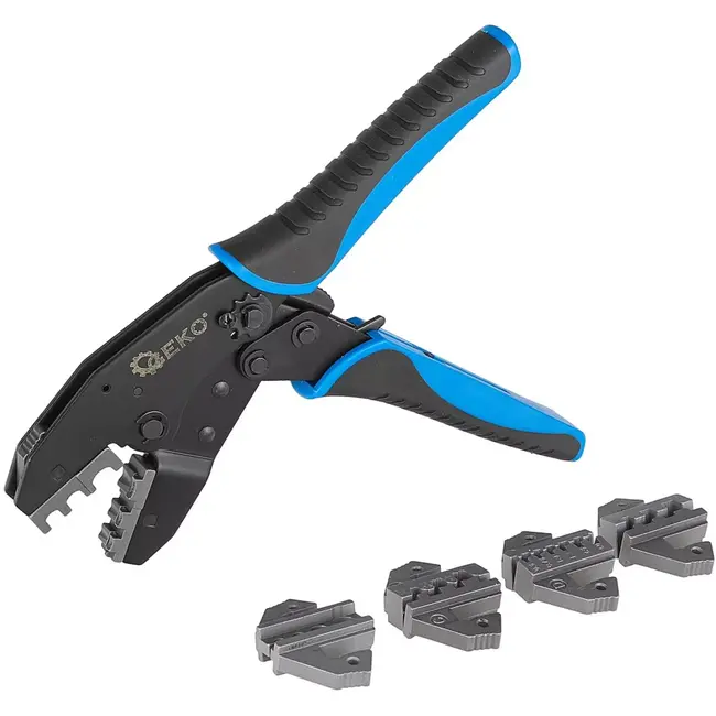 GEKO Krimptang set - gehard staal - wisselbekken, instelbare krimpkracht - 22 cm - zwart - 6-delig - voor kabelschoenen en adereindhulzen in voertuigen