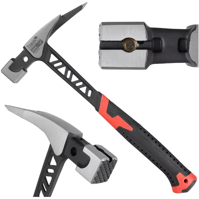 Tvardy timmermansklauwhamer - staal uit een stuk - trillingsdempende greep, getand slagvlak en magnetische spijkerhouder - 36 cm - zwart-rood - dakdekker en timmerwerk
