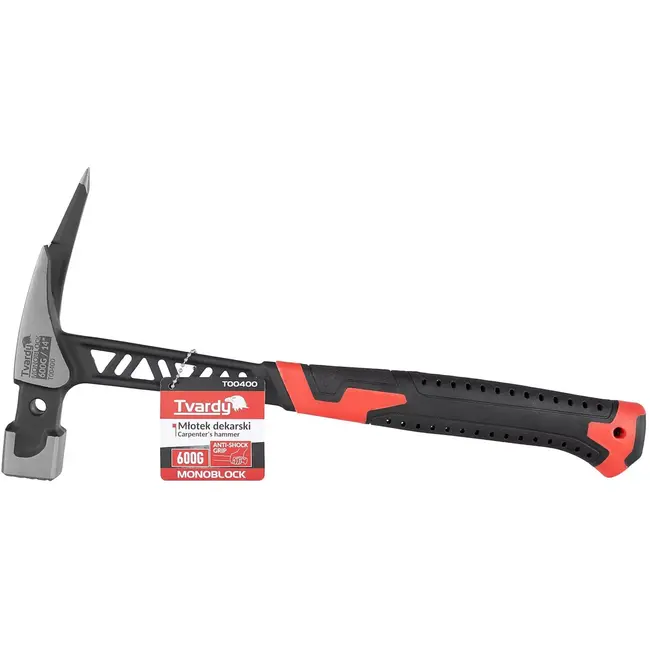 Tvardy timmermansklauwhamer - staal uit een stuk - trillingsdempende greep, getand slagvlak en magnetische spijkerhouder - 36 cm - zwart-rood - dakdekker en timmerwerk