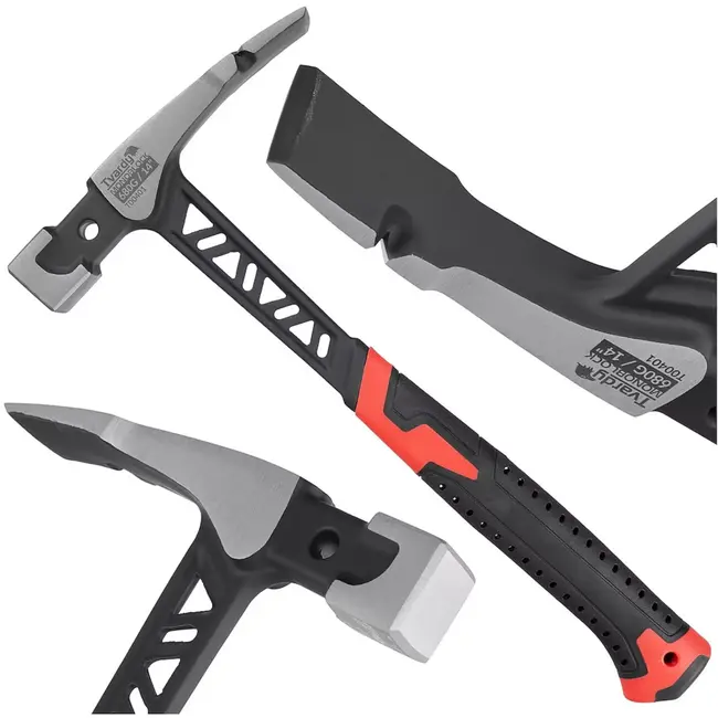 Tvardy Metselhamer - monoblok staal met beitelblad en schokdempende antislip greep - 36 cm - zwart-rood - 680 g - voor metselwerk, steenbewerking en sloop