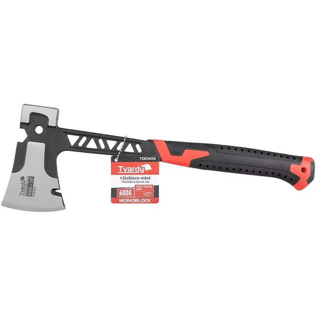 Tvardy Bijl met hamerkop twee-in-een - staal uit een stuk - trillingsdempende antislip greep - 36 cm - zwart-rood - hout hakken en wiggen inslaan - bouw, tuin