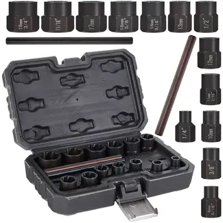 GEKO Uitdraaidoppenset - chroom-molybdeenstaal - spiraalprofiel voor beschadigde bouten en moeren - 6-19 mm - zwart - 15-delig - voor werkplaats en garage