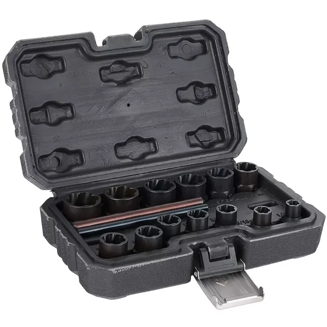 GEKO Uitdraaidoppenset - chroom-molybdeenstaal - spiraalprofiel voor beschadigde bouten en moeren - 6-19 mm - zwart - 15-delig - voor werkplaats en garage