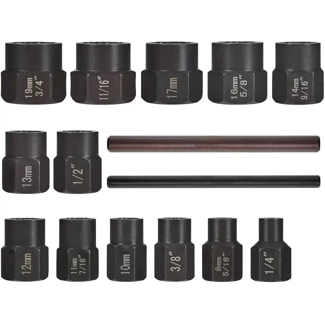 GEKO Uitdraaidoppenset - chroom-molybdeenstaal - spiraalprofiel voor beschadigde bouten en moeren - 6-19 mm - zwart - 15-delig - voor werkplaats en garage