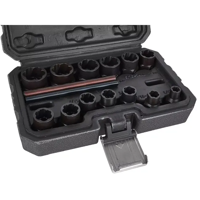 GEKO Uitdraaidoppenset - chroom-molybdeenstaal - spiraalprofiel voor beschadigde bouten en moeren - 6-19 mm - zwart - 15-delig - voor werkplaats en garage