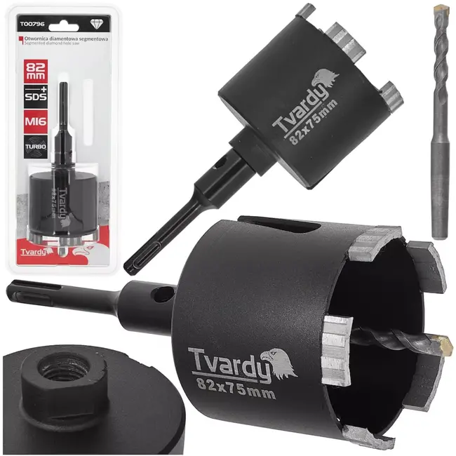 Tvardy diamantboorkroon - turbo-gesegmenteerd - 82 mm - 4 segmenten 10 mm, centreerboor, sds-plus adapter m16 - voor beton, gewapend beton, baksteen, natuursteen