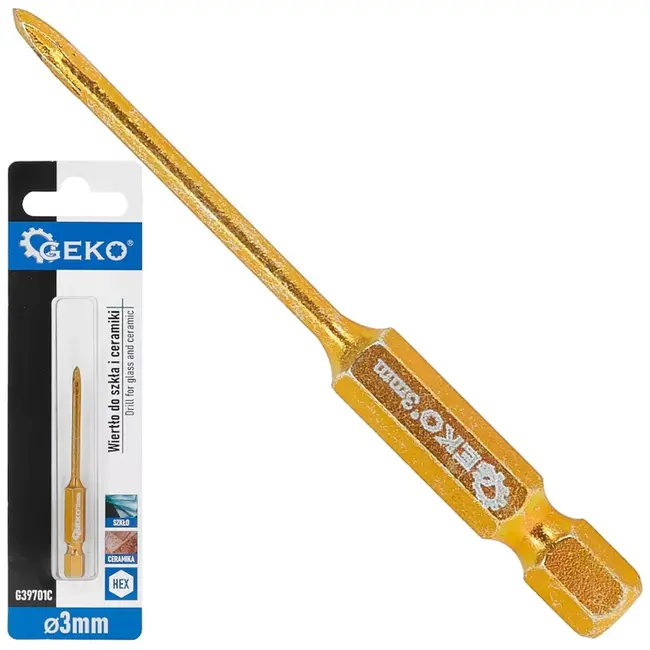 GEKO Glas- en tegelboor - hardmetaal - 4 snijkanten, zeskantschacht - 3 mm - zilverkleurig - voor glas, keramiek, porselein en tegels, splintervrij boren