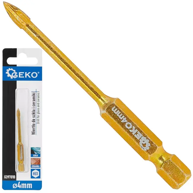 GEKO glas- en keramiekboor - hardmetaal (wolfraamcarbide) - 4 snijkanten, zeskantschacht - 4 mm - grijs - splintervrij boren in glas, keramiek, porselein en tegels