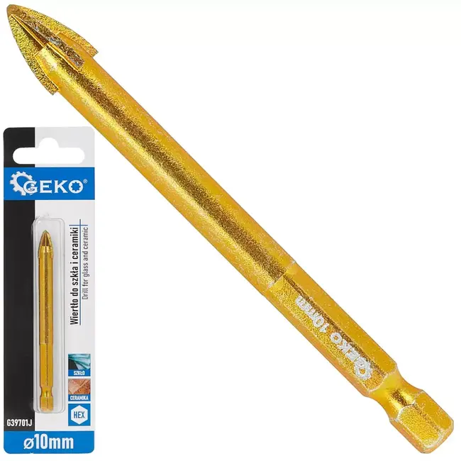GEKO Glas- en tegelboor - 10 mm - hardmetaal (HM) met 4 snijkanten - grijs - zeskantschacht 6,35 mm - splintervrij boren in glas, keramiek, porselein en gres