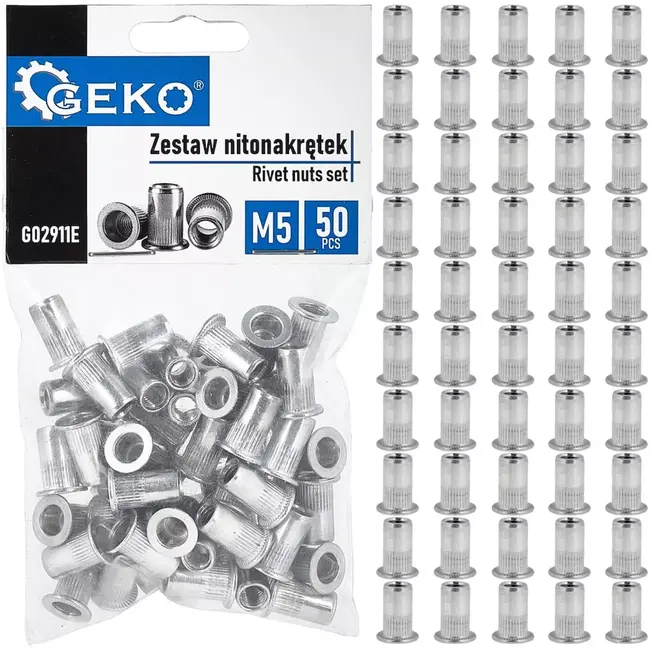GEKO blindklinkmoeren - aluminium - vlakke kraag, geribbeld - M5, klembereik 0,5–2,5 mm - zilverkleurig - 50 stuks - voor schroefdraad in plaatwerk en profielen
