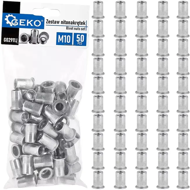 GEKO blindklinkmoeren aluminium M10 met vlakke kraag, zilverkleurig, klembereik 1,0-3,5 mm, 50 stuks, voor schroefdraadverbinding in plaatwerk en profielen