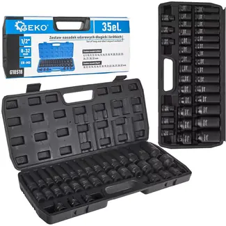 GEKO Slagdoppenset lang en kort - chroom-molybdeenstaal - slagvast - vierkant 12,5 mm - maten 8-32 mm - zwart - 35-delig - voor auto en werkplaats