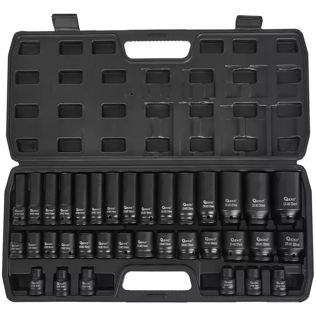 GEKO Slagdoppenset lang en kort - chroom-molybdeenstaal - slagvast - vierkant 12,5 mm - maten 8-32 mm - zwart - 35-delig - voor auto en werkplaats