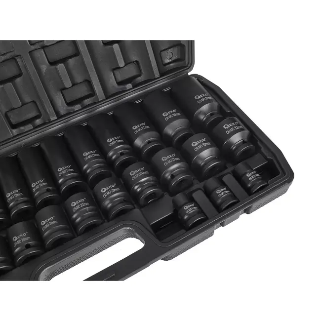 GEKO Slagdoppenset lang en kort - chroom-molybdeenstaal - slagvast - vierkant 12,5 mm - maten 8-32 mm - zwart - 35-delig - voor auto en werkplaats