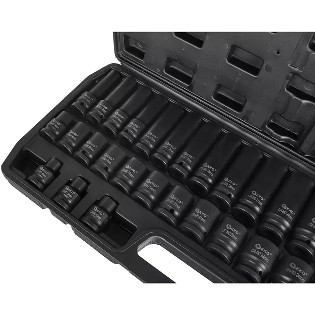 GEKO Slagdoppenset lang en kort - chroom-molybdeenstaal - slagvast - vierkant 12,5 mm - maten 8-32 mm - zwart - 35-delig - voor auto en werkplaats