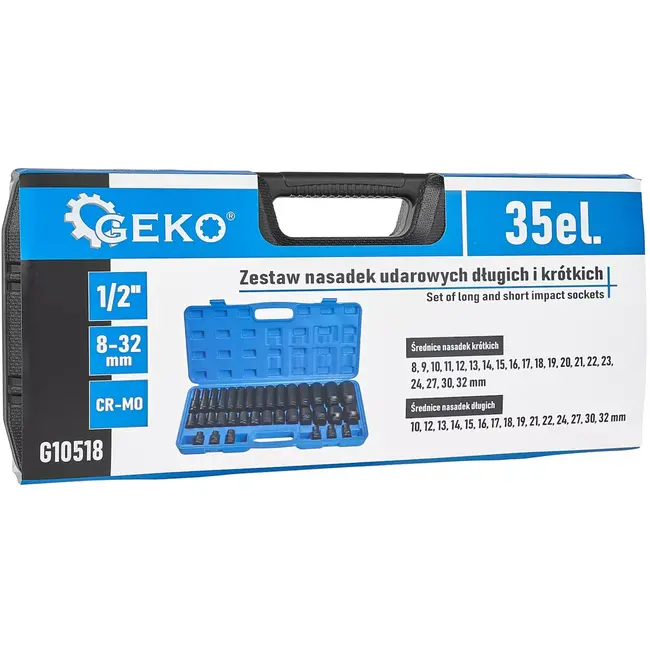 GEKO Slagdoppenset lang en kort - chroom-molybdeenstaal - slagvast - vierkant 12,5 mm - maten 8-32 mm - zwart - 35-delig - voor auto en werkplaats