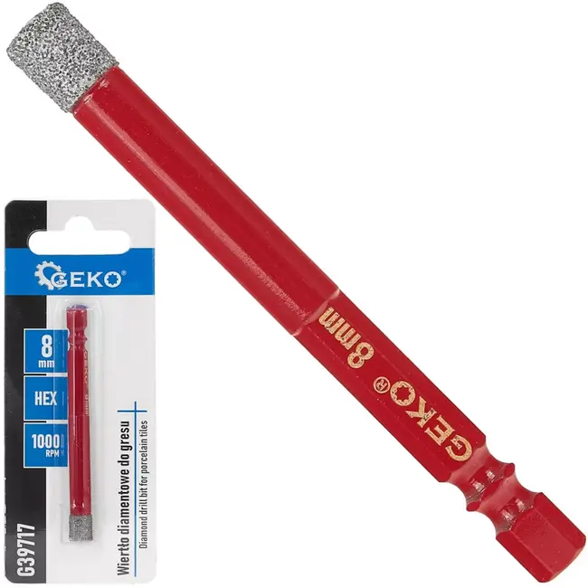 GEKO Diamant tegelboor 8 mm – zeskantopname 6,35 mm – wasvulling voor droog boren – boordiepte 36 mm, lengte 81 mm – voor gres en keramische tegels, metaalkleur