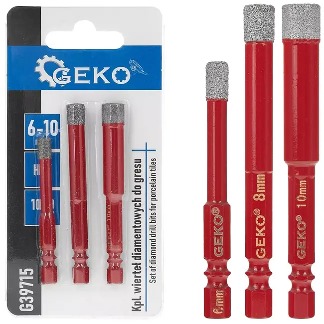 GEKO tegelboren - diamantgecoat - droog boren, zeskant 6,35 mm - 6, 8 en 10 mm, boordiepte 36 mm - staalgrijs - 3 stuks - voor keramiek, gres en porselein