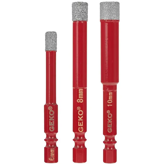 GEKO tegelboren - diamantgecoat - droog boren, zeskant 6,35 mm - 6, 8 en 10 mm, boordiepte 36 mm - staalgrijs - 3 stuks - voor keramiek, gres en porselein