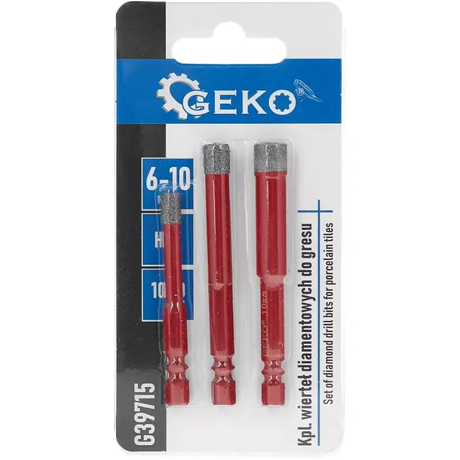 GEKO tegelboren - diamantgecoat - droog boren, zeskant 6,35 mm - 6, 8 en 10 mm, boordiepte 36 mm - staalgrijs - 3 stuks - voor keramiek, gres en porselein