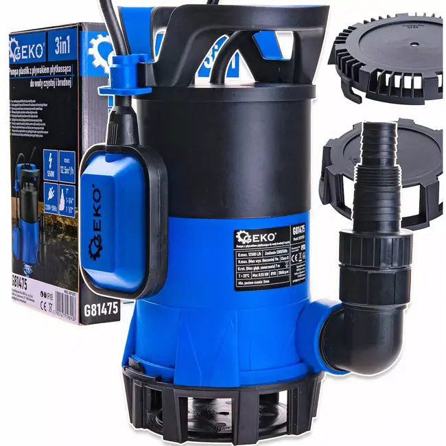 GEKO Dompelpomp - kunststof - vlakzuigend met vlotter - 0,2 cm restwater - 25/32/40 mm aansluitingen - 12.500 l/uur - 2 zuigkorven - schoon en vuil water