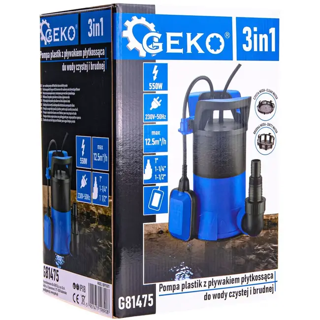 GEKO Dompelpomp - kunststof - vlakzuigend met vlotter - 0,2 cm restwater - 25/32/40 mm aansluitingen - 12.500 l/uur - 2 zuigkorven - schoon en vuil water