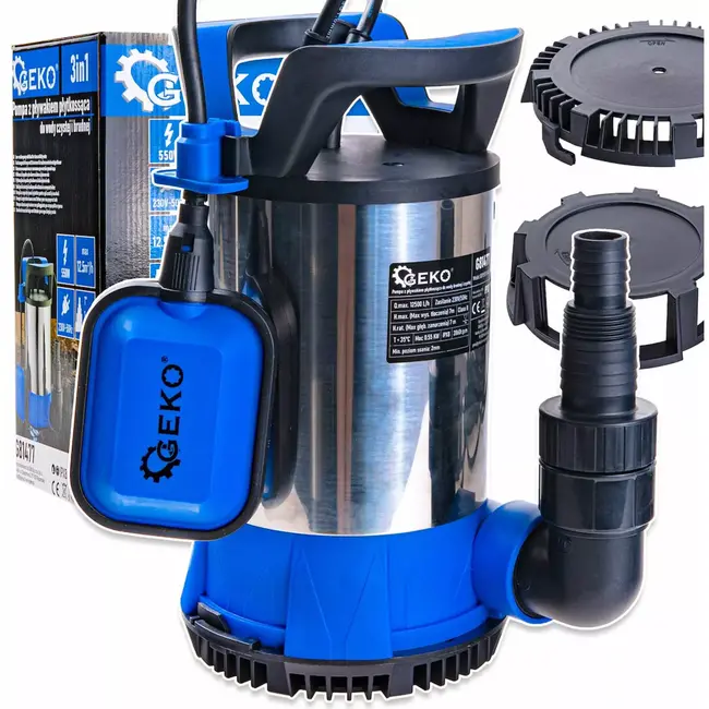 GEKO dompelpomp - kunststof - vlakzuigend tot 2 mm met vlotterschakelaar - 12500 l/uur, 7 m opvoerhoogte, 550 W - zwart - voor schoon en vuil water