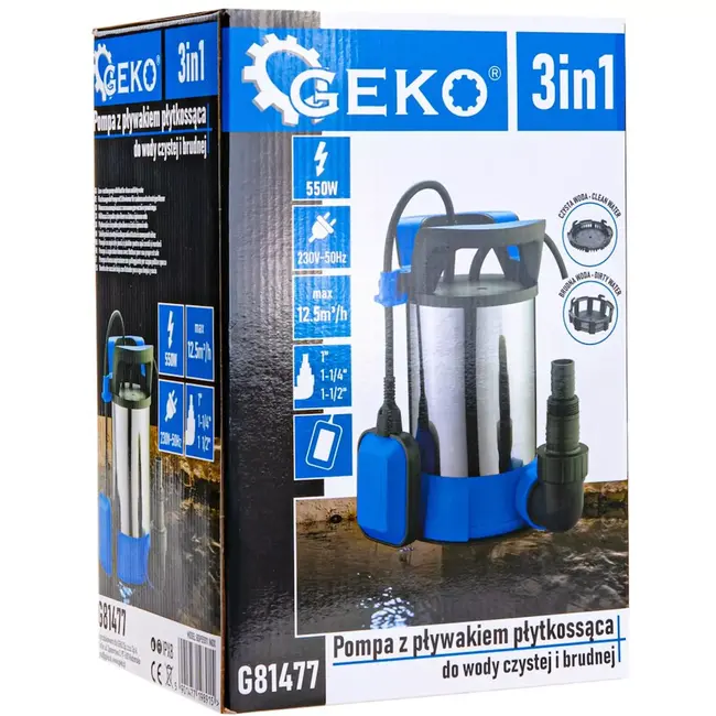 GEKO dompelpomp - kunststof - vlakzuigend tot 2 mm met vlotterschakelaar - 12500 l/uur, 7 m opvoerhoogte, 550 W - zwart - voor schoon en vuil water