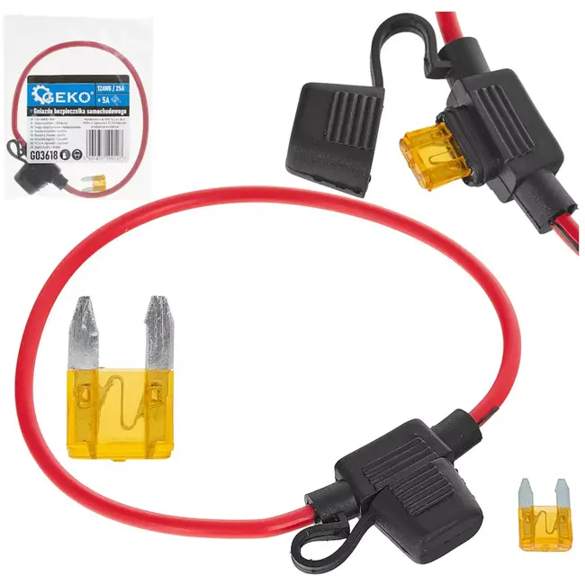 GEKO Kabelzekeringhouder - kunststof met rubber kap - kabel 3,3 mm², 25 A max, 5 A steekzekering - zwart - voor kortsluitingsbeveiliging 12/24 V auto, motor en boot