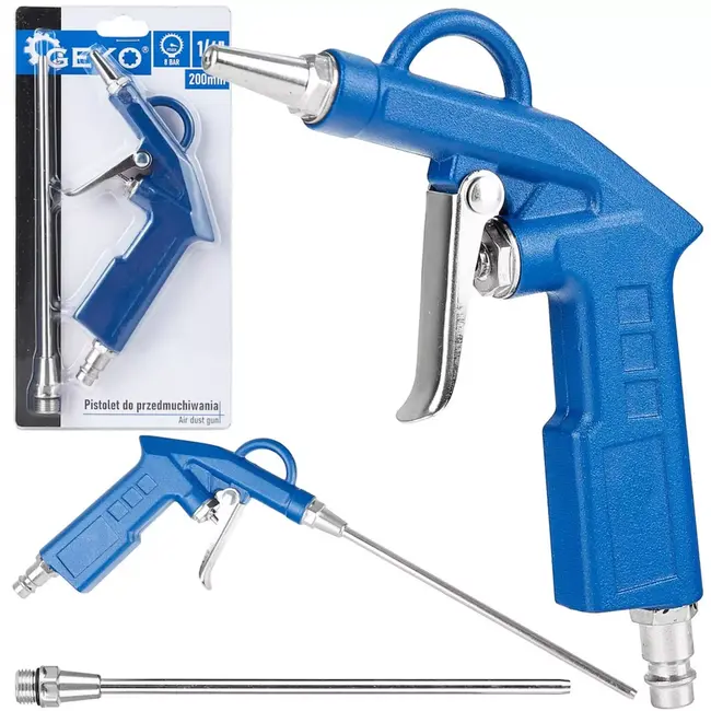 GEKO Perslucht blaaspistool - metaal en kunststof - lange spuitmond 20 cm + korte - 2 spuitmonden - aansluiting 6,3 mm - tot 8 bar - werkplaats en garage