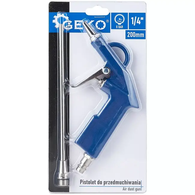 GEKO Perslucht blaaspistool - metaal en kunststof - lange spuitmond 20 cm + korte - 2 spuitmonden - aansluiting 6,3 mm - tot 8 bar - werkplaats en garage