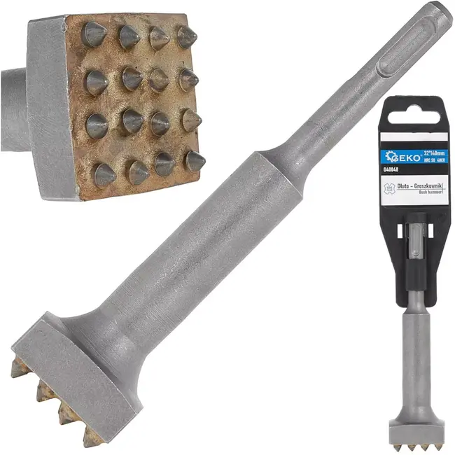 GEKO bouchardeerbeitel sds-plus - staallegering 40Cr, gehard 50 HRC - ruwen en antislipstructuur - 140 mm lengte, kop 32 x 32 mm - grijs - voor beton, natuursteen
