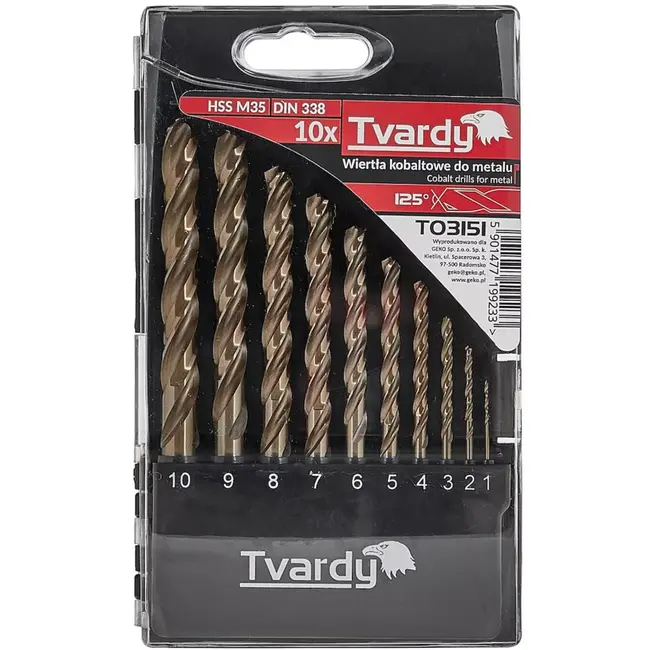 Tvardy metaalborenset – HSS M35 kobaltstaal – spiraalboren met cilindrische schacht 1–10 mm – metaalkleurig – 10 stuks – voor staal, rvs en harde metalen