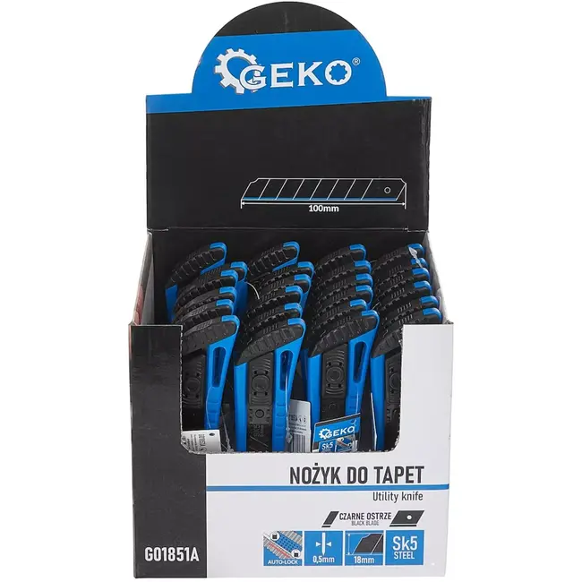 GEKO Afbreekmes 18 mm - gehard staal, automatische vergrendeling en antislip greep - blad 100x18x0,5 mm - 24 stuks - voor papier, folie, behang en karton