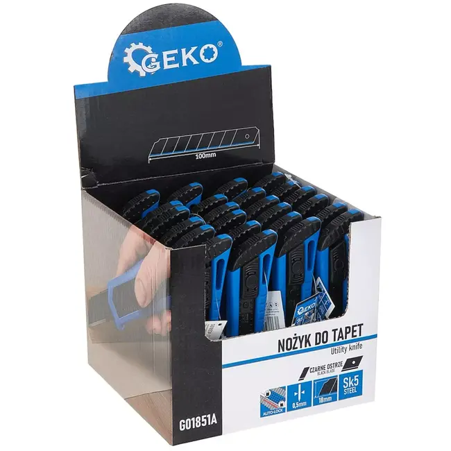 GEKO Afbreekmes 18 mm - gehard staal, automatische vergrendeling en antislip greep - blad 100x18x0,5 mm - 24 stuks - voor papier, folie, behang en karton