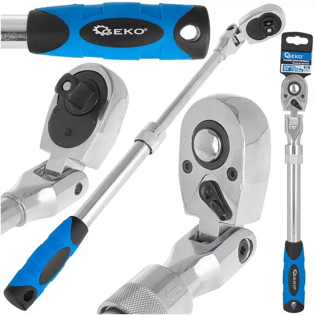 GEKO ratel 12,5 mm vierkant - chroom-vanadiumstaal - telescopisch met scharnierkop en 72-tands mechanisme - 370–510 mm - blauw-zwart - voor auto en krappe ruimtes