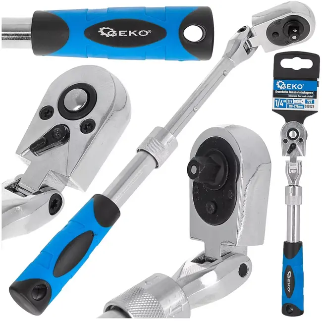 GEKO Ratel met knikkop - chroom-vanadium staal - telescopisch verstelbaar 210-278 mm, 6,3 mm vierkant - blauw-zwart - 72-tands - voor werkplaats en auto