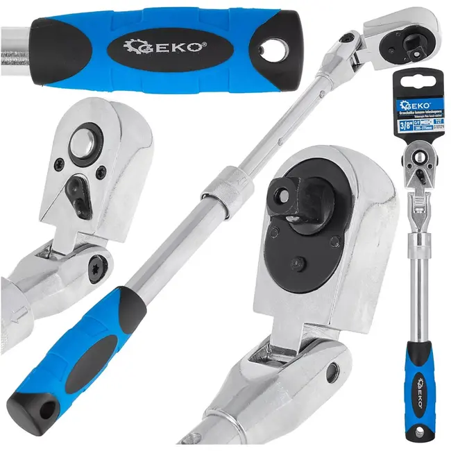 GEKO Ratel met telescoopsteel en scharnierkop 9,5 mm vierkant - chroom-vanadiumstaal - lengte 28,5-37,5 cm - blauw-zwart - 72-tands - voor auto- en werkplaats