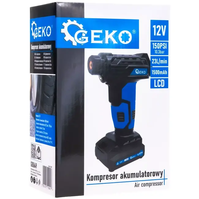 GEKO Accu luchtcompressor 12V - kunststof en metaal - digitaal display, tot 10,3 bar - 21 x 15 x 8 cm - zwart - voor auto-, motor- en fietsbanden en ballen