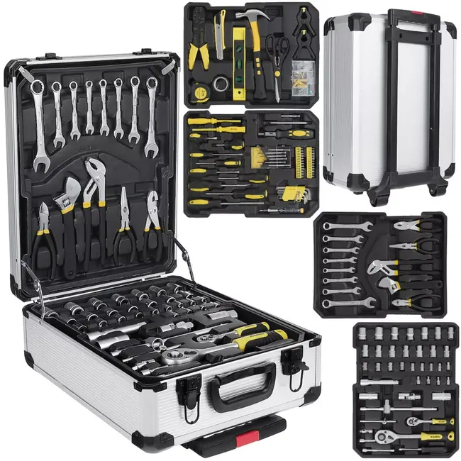 Keltin gereedschapskoffer op wielen - aluminium - met telescoopgreep - sleutels 8–17 mm en doppen 4–21 mm - aluminiumkleur - 187-delig - huis, auto en werkplaats