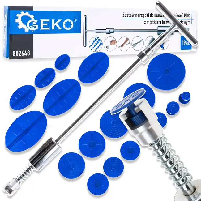 GEKO uitdeukset zonder spuiten - metaal en kunststof - slagtrekker 41 × 3 cm, lengte 50 cm - zilver - 19-delig - voor auto en plaatwerk